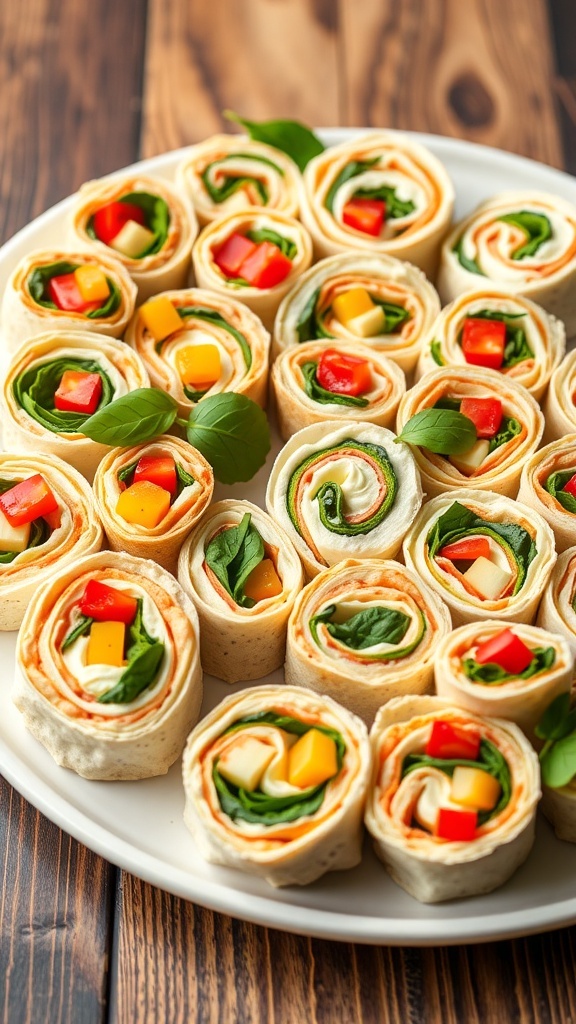 Tortilla Pinwheels Recipe A platter of sliced tortilla pinwheels filled with cream cheese, bell peppers, and spinach.